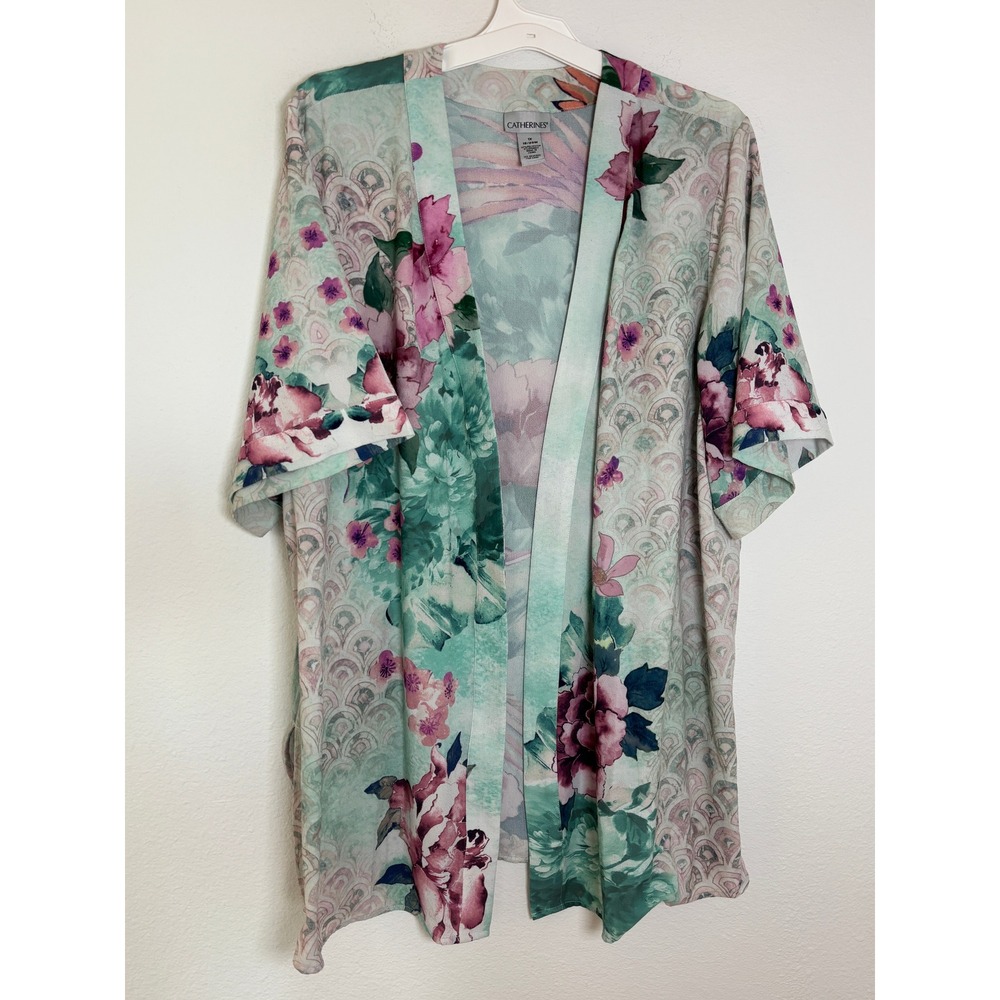 Catherines Floral Crane Print Kimono Cardigan Teal Pink Plus Size 1X 18/20W